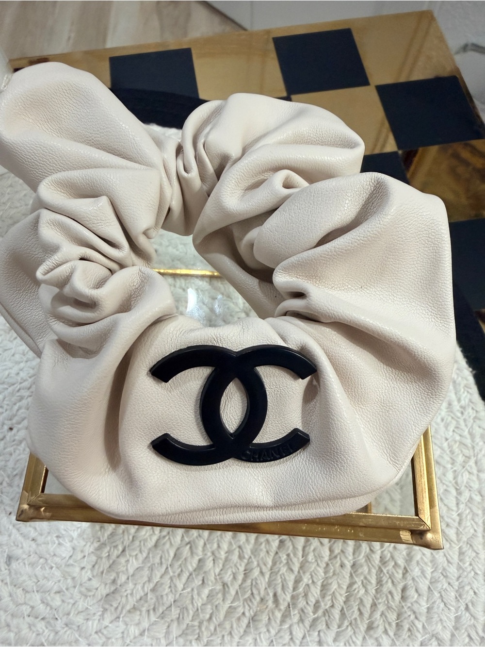 Faux Leather Cream Oversized Hair Scrunchie with Black Metal Logo Accent - NEW - Picture 4 of 5